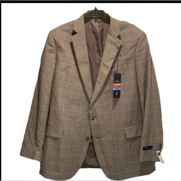 NWT Stafford Classic Fit Jacket Blazer Wool Blend Light Tan Windowpane Sz 50 Reg